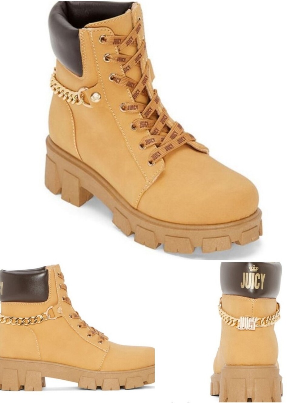 Juicy Couture J-Josie Wheat Combat Boots Chunky Lug Sole Gold Chain NIB 9.5M